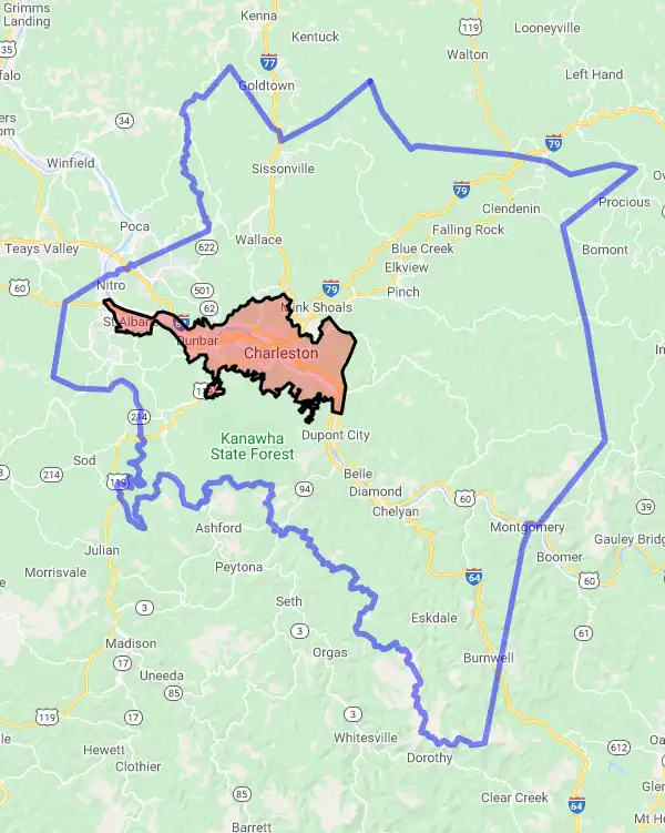 County level USDA loan eligibility boundaries for Kanawha, West Virginia
