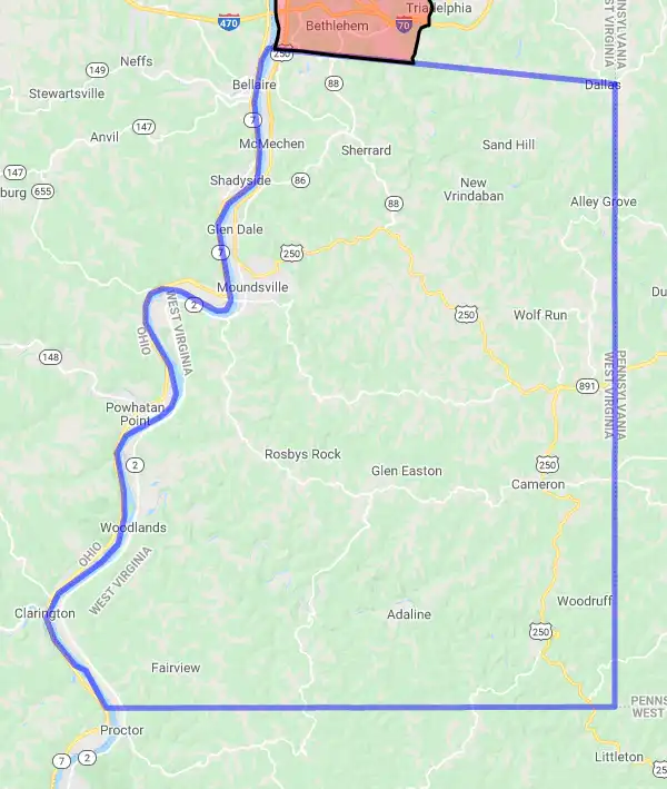 County level USDA loan eligibility boundaries for Marshall, West Virginia