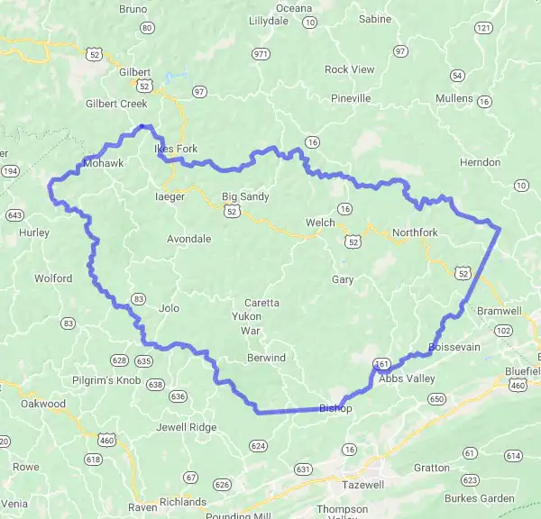 County level USDA loan eligibility boundaries for McDowell, West Virginia