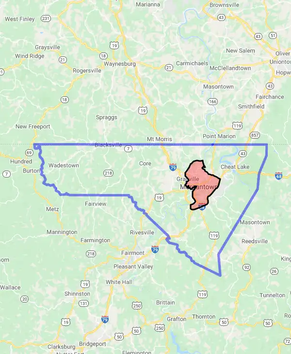 County level USDA loan eligibility boundaries for Monongalia, West Virginia