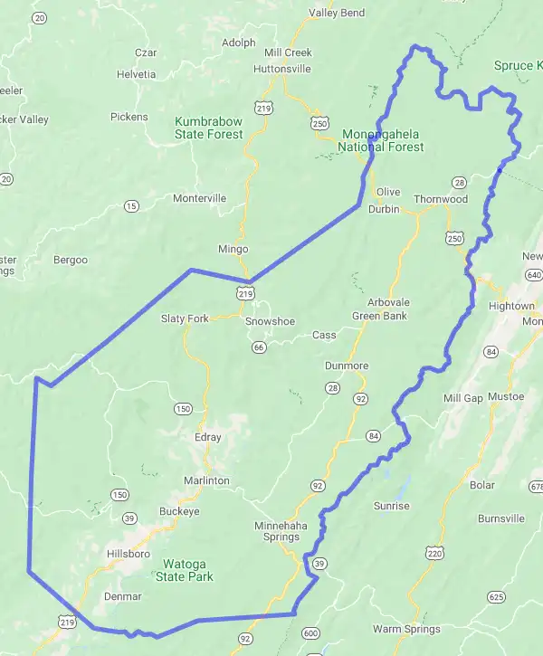 County level USDA loan eligibility boundaries for Pocahontas, West Virginia