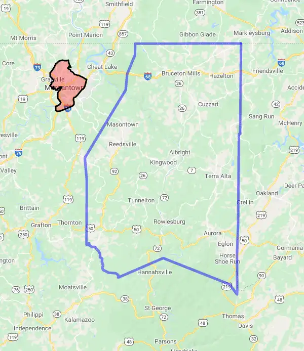 County level USDA loan eligibility boundaries for Preston, West Virginia