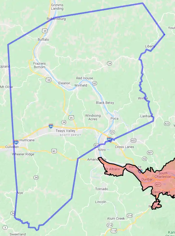 County level USDA loan eligibility boundaries for Putnam, West Virginia