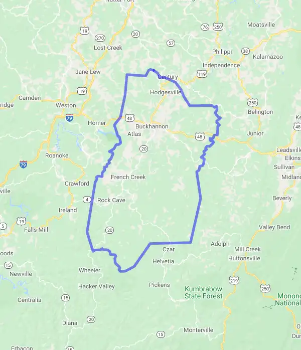 County level USDA loan eligibility boundaries for Upshur, West Virginia