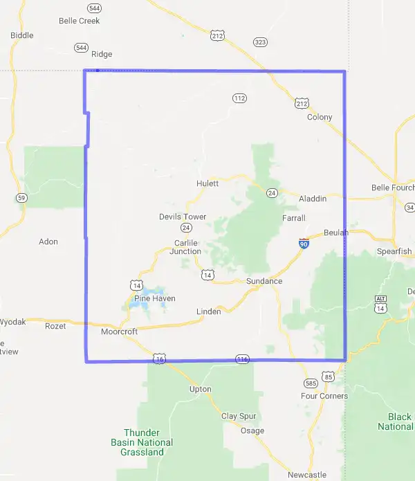 County level USDA loan eligibility boundaries for Crook, Wyoming