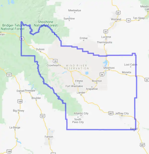 County level USDA loan eligibility boundaries for Fremont, Wyoming