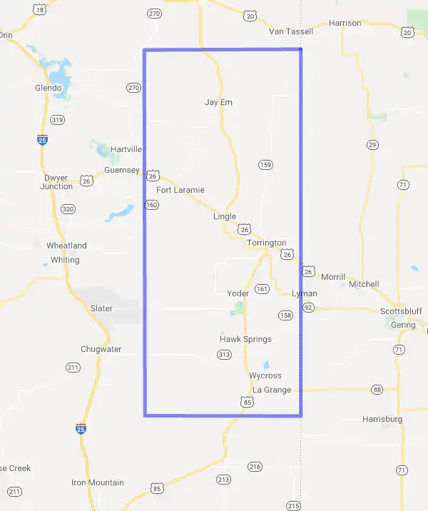 County level USDA loan eligibility boundaries for Goshen, Wyoming