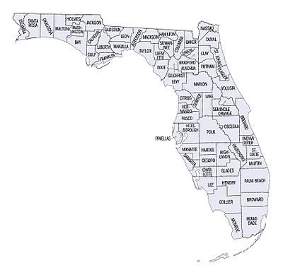 A map of all Florida counties with labels. Many of the borders follow rivers.  Large counties tend to be in the center of the State.